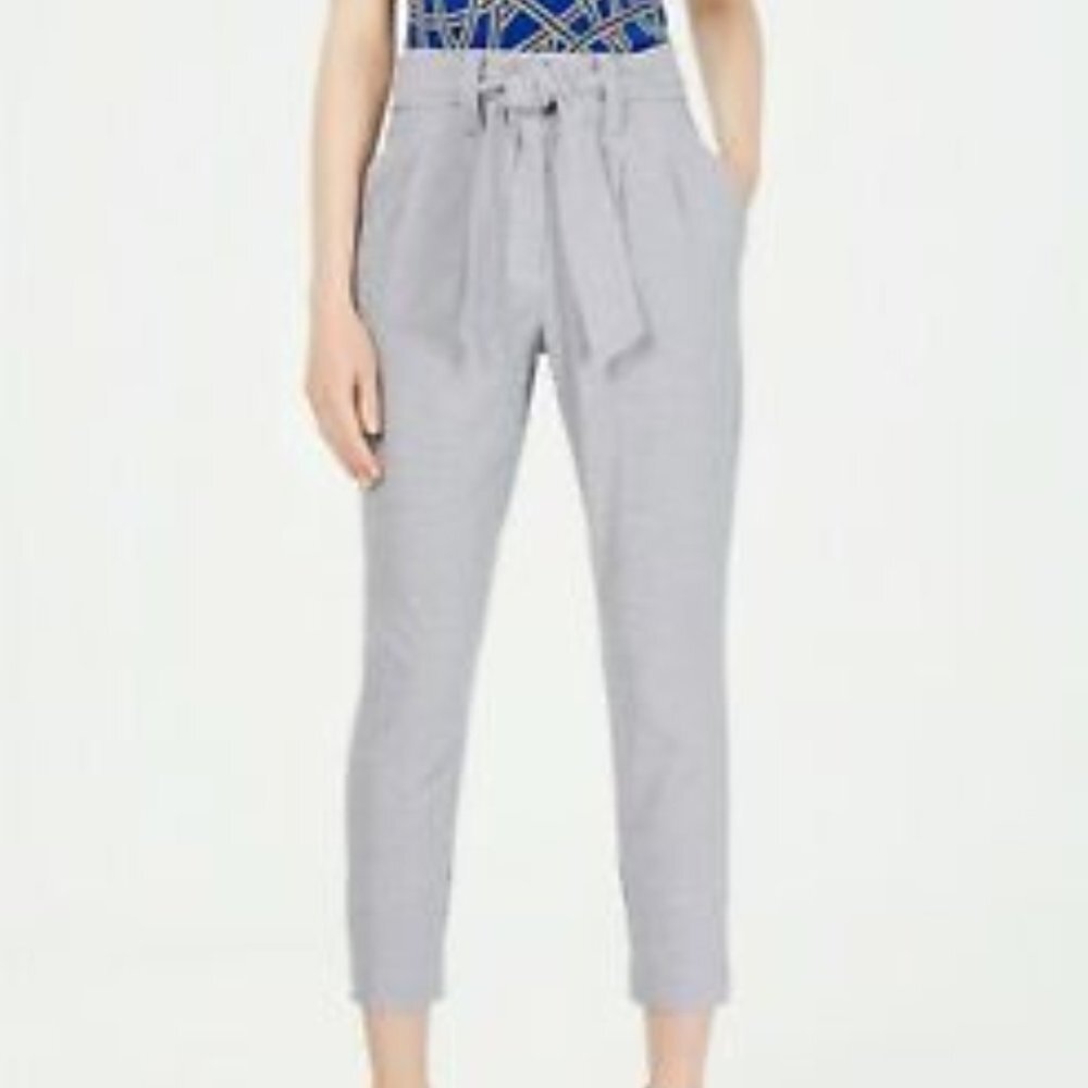 Calvin Klein women 14 printed tie-waist pants grid pattern blue/white cropped‎